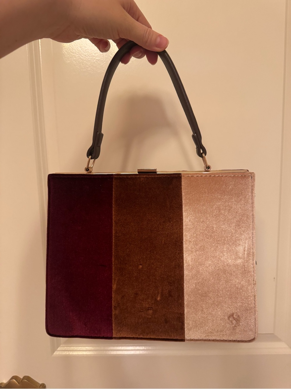 Anthropologie Velvet Colorblock Top-Handle Bag in Plum, Brown & Blush